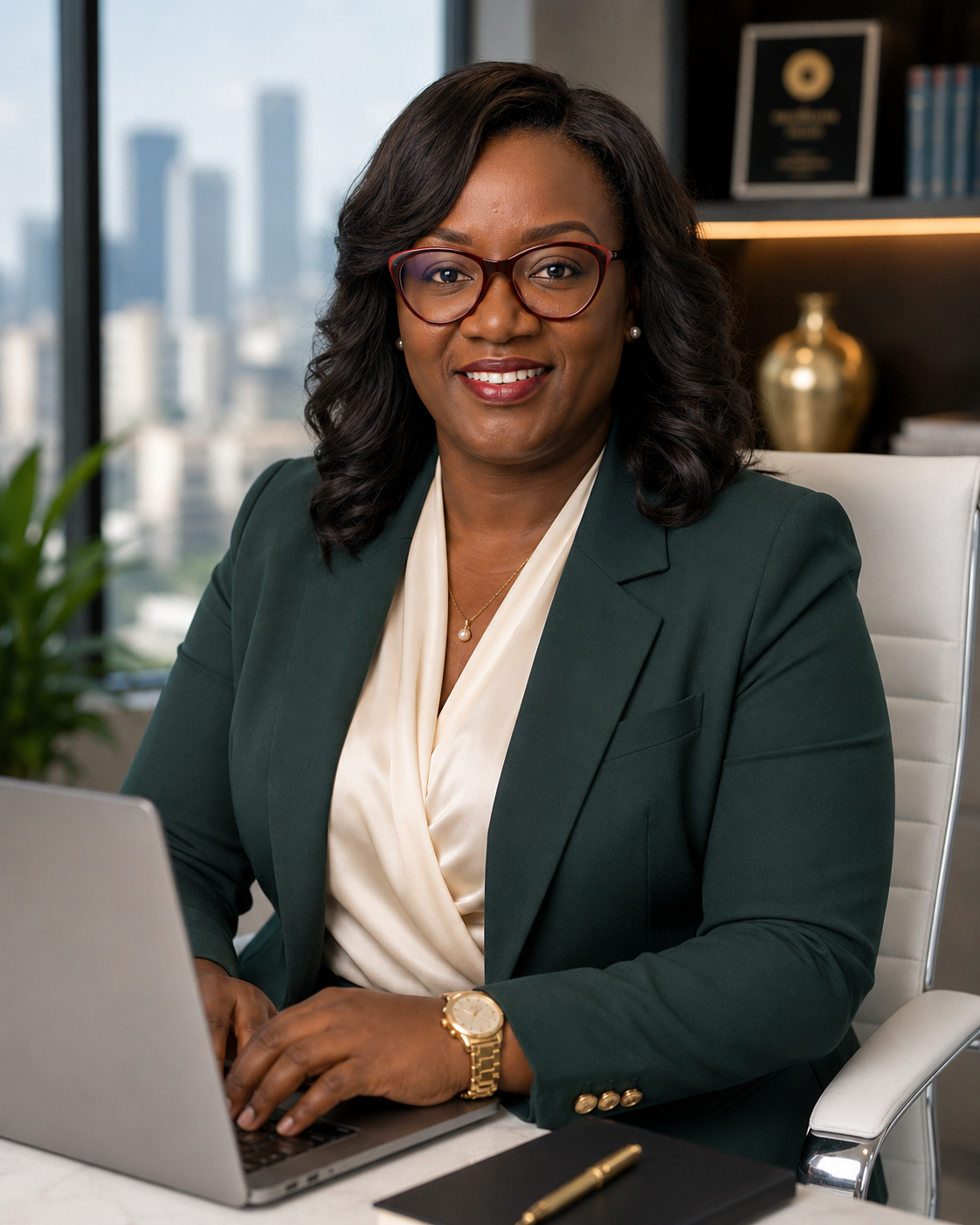 Cecilia A. Achieng, founder of Chavah Consulting, seated at her desk in an emerald green blazer and cream blouse with a city skyline behind her