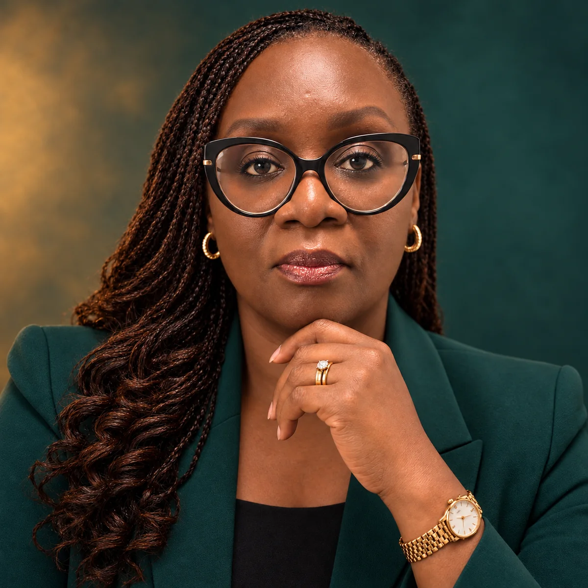Cecilia A. Achieng, founder of Chavah Consulting, in an emerald blazer against an emerald and gold studio backdrop